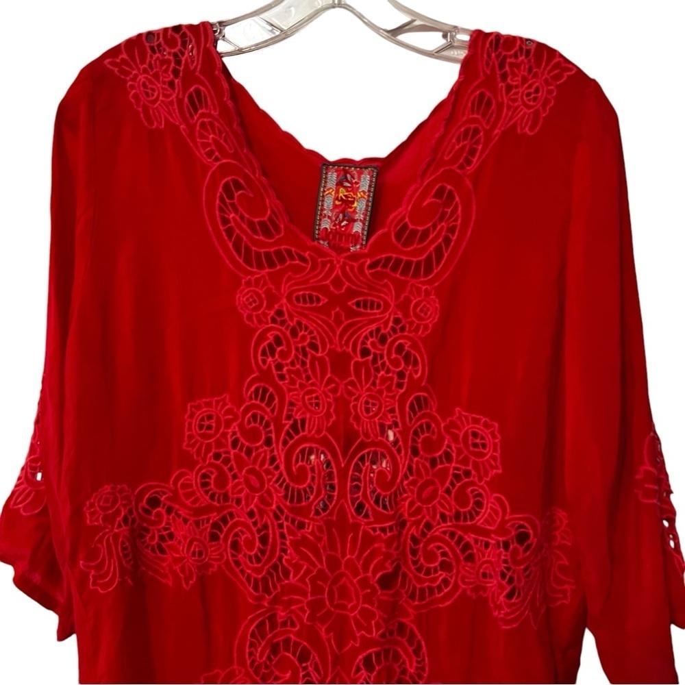 NWT Johnny Was Arlene appliqué Red Lace Tunic top with scoop neck 3/4 sleeves - Picture 6 of 16